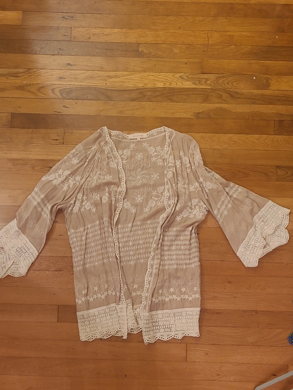 Solitaire Sheer Embroidered Lace-Trim Kimono - Cream